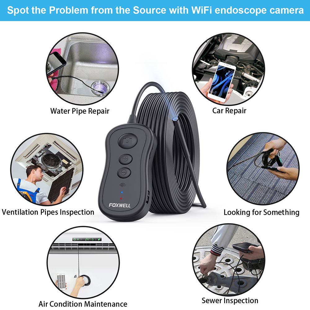 FoWWELL WiFi эндоскоп 5,5 mm камера беспроводного эндоскопа 1080p HD водонепроницаемый для iPhone, Android и планшетных компьютеров