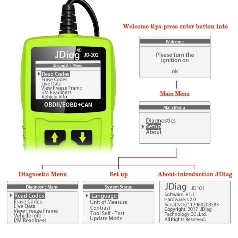 JDIAG JD101 считывающее устройство для сканирования двигателя проверка двигателя диагностический инструмент легкий автомобиль