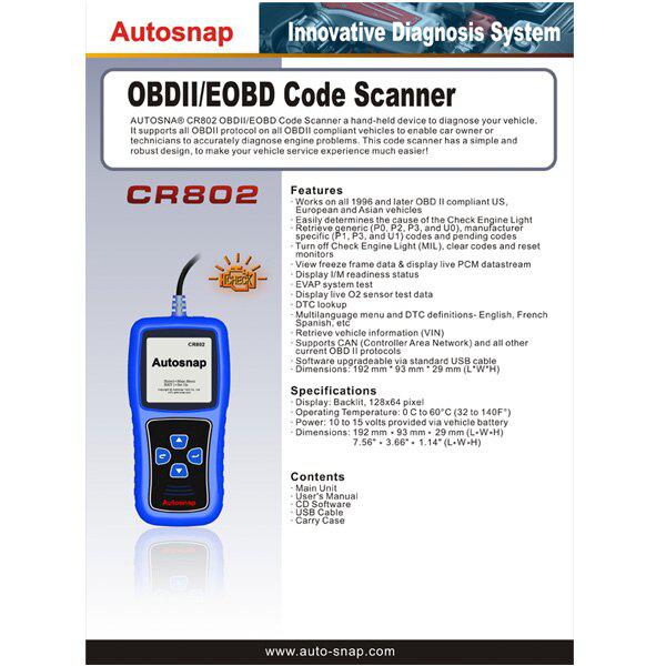 самопишущий сканер кода CR802 OBDII EOBD