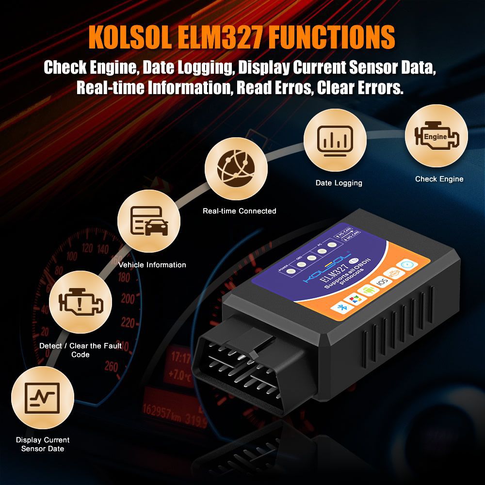 сканер Bluetooth OBD2 V1.5 ELM327 KOLSOL ELM327 с модифицированным переключателем HS - CAN / MS - CAN на кристалл Ford CH340 + 25K80